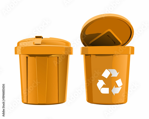 Two orange trash cans one closed and one with an open lid displayed