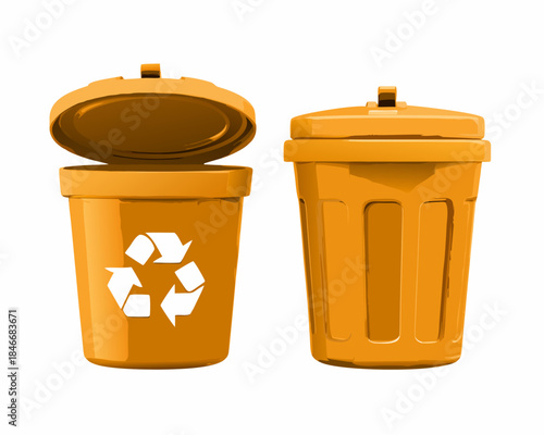 Two orange trash cans one open featuring a recycling symbol on the front
