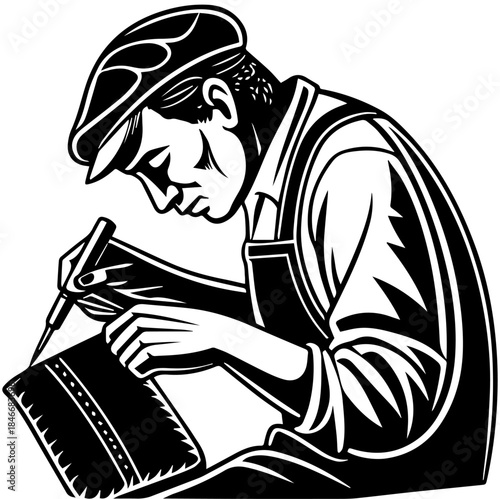 Leatherworker Crafting by Hand – Black and White Vector