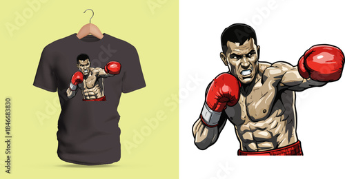 Vector T-shirt artwork featuring a fierce boxer in mid-punch position, with tensed muscles, focused eyes, and dynamic hand movement illustrating combat readiness, explosive athletic action, and strong