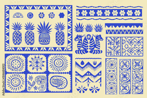 Blue and white decorative tile patterns featuring pineapples florals and geometric designs