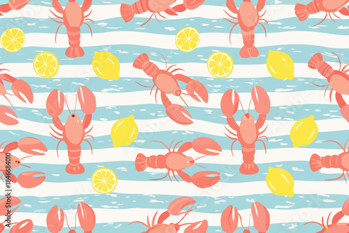 A playful pattern featuring lobsters lemons and blue and white stripes