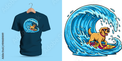 Vector T-shirt illustration of a dog surfing inside a giant curling wave, rendered with expressive aquatic motion, vibrant color flow, and playful cartoon character design capturing excitement, speed