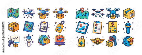 Colorful aviation and logistics icons featuring drones and packa