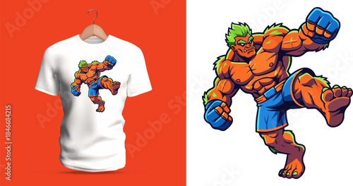 Vector T-shirt illustration of a muscular orange monster performing a strong high kick, drawn in a bold comic style with exaggerated muscles, dynamic force lines, and an energetic pose showing power