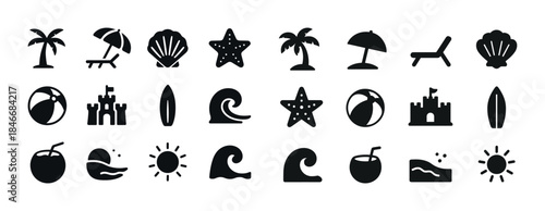Vector icons of tropical beach elements: waves, palms, umbrellas