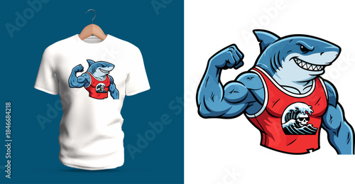 Vector T-shirt artwork featuring a muscular shark flexing its arm while wearing a red tank top, illustrated in bold cartoon style with confident expression, sharp outlines, and strong athletic