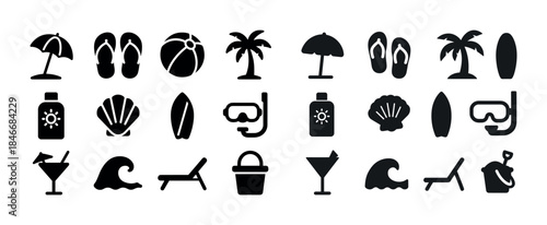 Beach icons collection: umbrella, flip-flops, snorkel, palm, she
