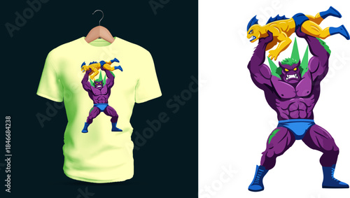 Vector T-shirt illustration of a powerful purple creature lifting a smaller yellow character overhead, drawn in bold comic style with exaggerated muscles, expressive motion, and dynamic action