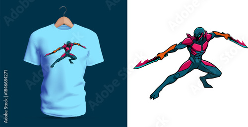 Vector T-shirt design of a futuristic armored warrior in an acrobatic fighting pose, showing extended blades and sleek suit details, illustrated with dynamic movement, agility, and high-tech combat