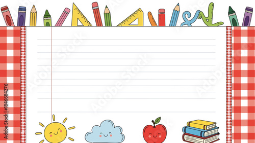 Charming Back-to-School Stationery Design with Cheerful Illustrations and Gingham Border