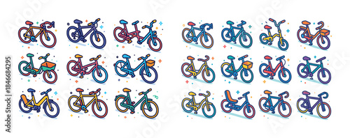Colorful cartoon bicycle set with various styles and accessories
