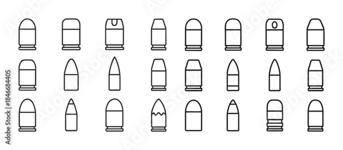 Set of various bullet and ammunition icons in simple outline sty