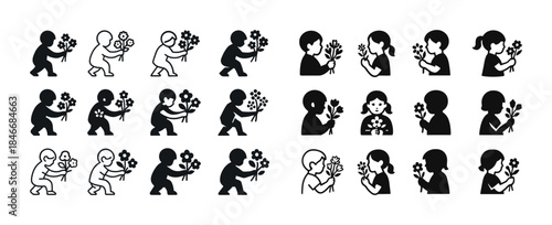 Silhouette icons of people holding flowers: diverse genders, age