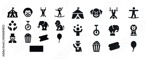 Circus icons set: clown, tent, performer, animals, balloon, tick
