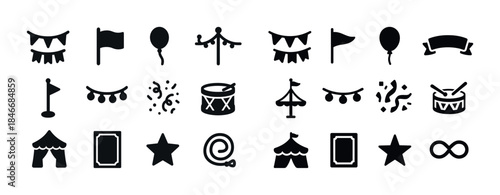 Black and white icons of circus and festive elements including t