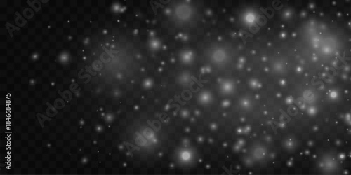 Shimmering white dust with glitter and sparkle flows through bokeh and soft blur, glowing with highlights and warm flare. Magical Christmas and New Year PNG vector illustration.