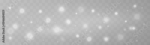 Shimmering white dust sparkles with glitter and glow over blurred bokeh, accented by luminous highlights and festive flare. Christmas and New Year PNG vector illustration.