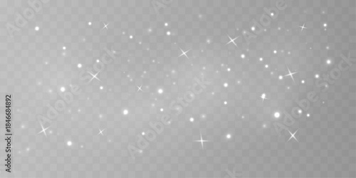Soft white dust sparkles with glitter and shimmer across blurred bokeh, glowing with radiant highlights and gentle flare. Festive Christmas and New Year PNG vector illustration.