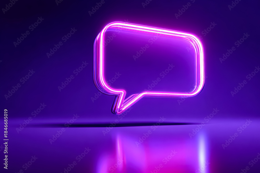 Fototapeta premium A vibrant neon speech bubble glowing in pink against a deep purple background, reflecting light on a smooth surface.