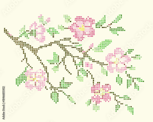 Pixelated floral branch with pink blossoms and green leaves design