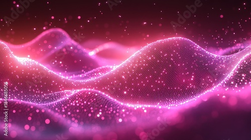 Abstract pink glowing wavy digital particles