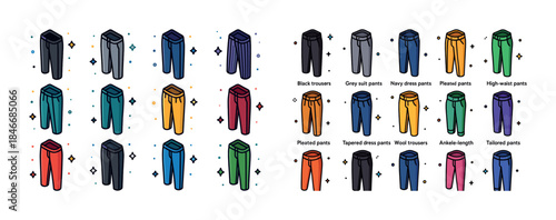 Colorful assorted pants collection: trousers and tailored pants