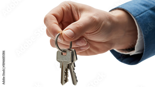 A hand in a blue suit sleeve holding a set of metal keys on a keyring
