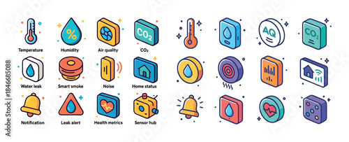 Smart home monitoring icons: temperature, humidity, air quality,
