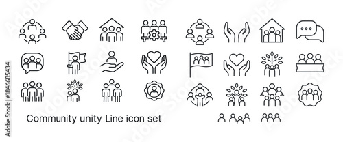 Community unity line icon set: collaboration, support, heart, fr