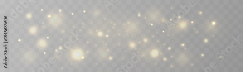 Golden dust particles drift through blurred bokeh with sparkle, glitter, shimmer, and gentle glow, filled with twinkle, sparks,  radiant highlights for Christmas and New Year. PNG vector illustration.