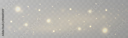 Golden dust sparkles with glitter, sparks, shimmer across blurred bokeh, glowing with warm highlights, flare floating light particles twinkle for Christmas, New Year scenes. PNG vector illustration. 