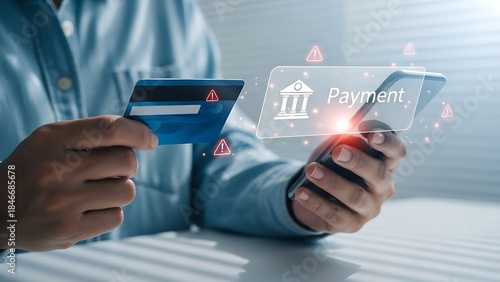 Security alerts surrounding a credit card and smartphone during an online payment transaction