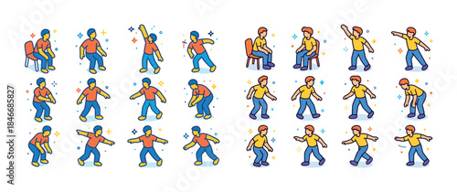 Colorful cartoon characters performing energetic dance moves