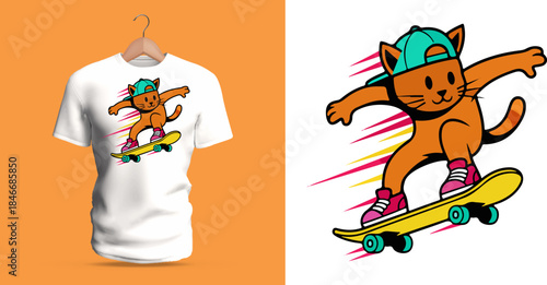 Vector T-shirt illustration of a cool orange cat skateboarding fast, wearing a cap and sneakers, drawn in dynamic cartoon style with bright speed lines and energetic youthful attitude.