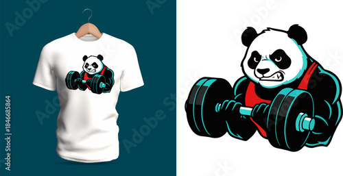 Vector T-shirt design featuring a determined panda lifting heavy dumbbells, drawn in bold cartoon style with strong expression, muscular pose, and powerful fitness energy