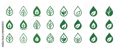 Set of 24 eco-friendly green leaf icons in teardrop shapes