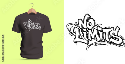 Vector T-shirt illustration featuring a bold graffiti-style “NO LIMITS” lettering, created with strong strokes, dynamic curves, and urban street-art influence emphasizing confidence, movement,