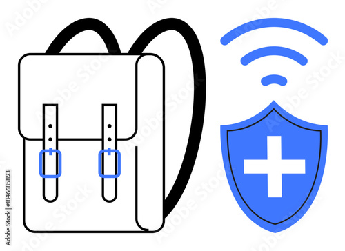 Education, travel safety, healthcare, digital security, health insurance, remote care. Backpack next to a shield with a medical cross and wireless signal. Healthcare and digital security