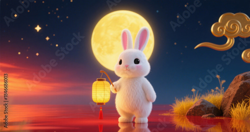 A cute white rabbit holding a glowing lantern under a full moon, standing on a reflective surface with a colorful twilight sky and clouds