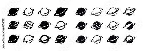 Set of saturn icons in various styles and designs