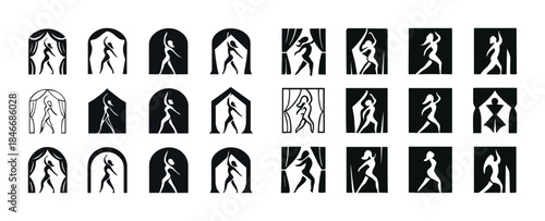 Stylized silhouettes of dancing female figures in various poses