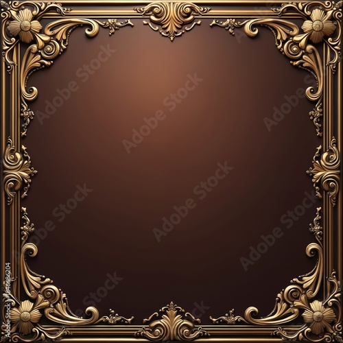 Brown leather texture background with floral golden ornaments, vintage frame. Ornate design suitable for certificates, wedding invitations. Retro style decoration perfect for printable cards graphic