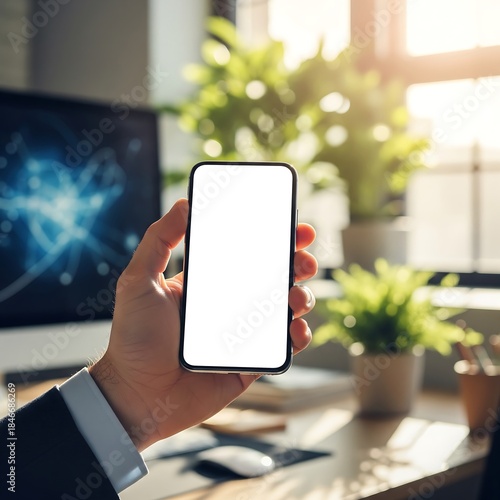 Professional Hand Holding Smartphone in Office Background Mockup