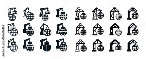 Crane and wrecking ball icons collection in black and white