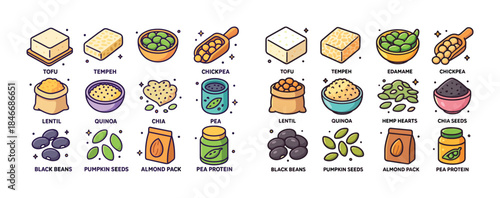 Plant-based protein sources: tofu, tempeh, chickpeas, lentils, q