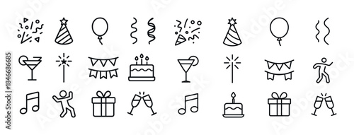 Party celebration icons: balloons, music, cake, and dance symbol