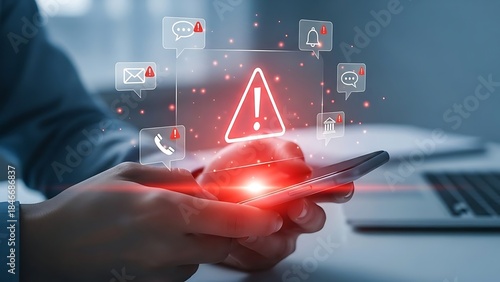 Digital security threat warning pops up on a smartphone screen, showing various alerts