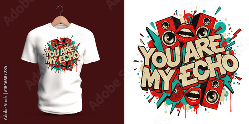 Vector T-shirt illustration displaying “YOU ARE MY ECHO” in bold graffiti style, decorated with speakers, lips, and colorful splashes, creating a vibrant street-art composition with musical