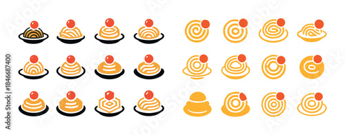 Colorful noodle bowl icons with red dot on top